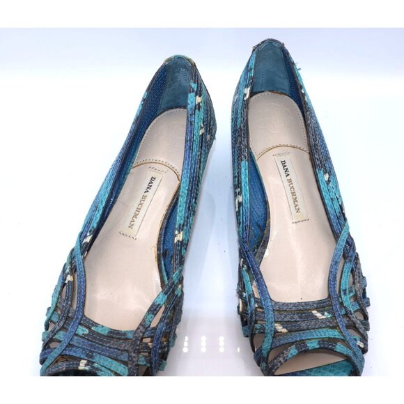 Dana Buchman Blue & Black Peep Toe Wedge Shoes Size 7.5 Faux Snakeskin Pattern - Picture 3 of 7